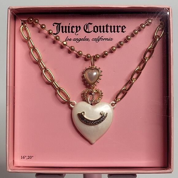 Juicy Couture Layered Chain Beaded Pearl White Heart Princess Crown Necklace NIB - Picture 1 of 4